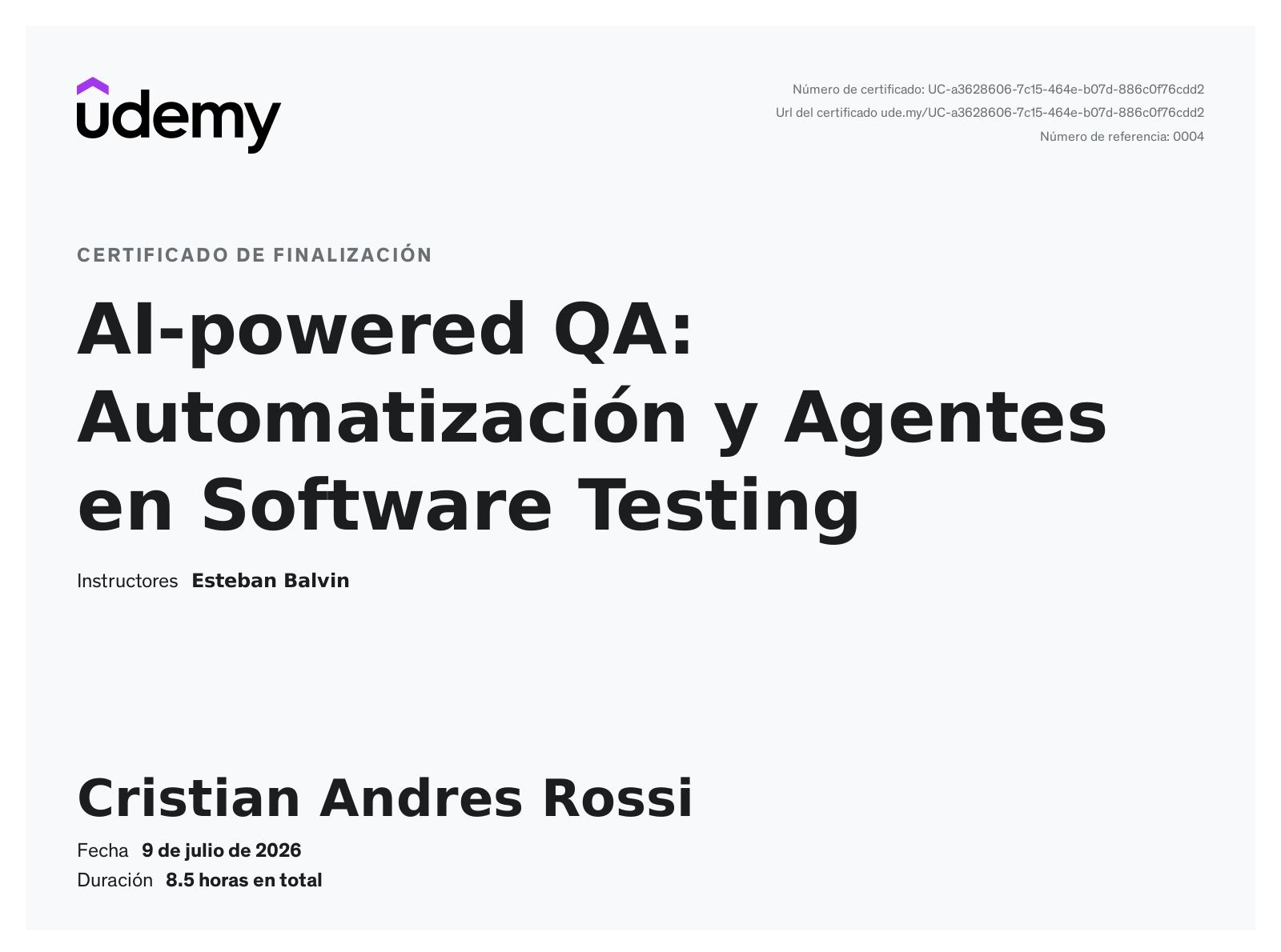 Certificado de AI-powered QA: Automatización y Agentes en Software Testing