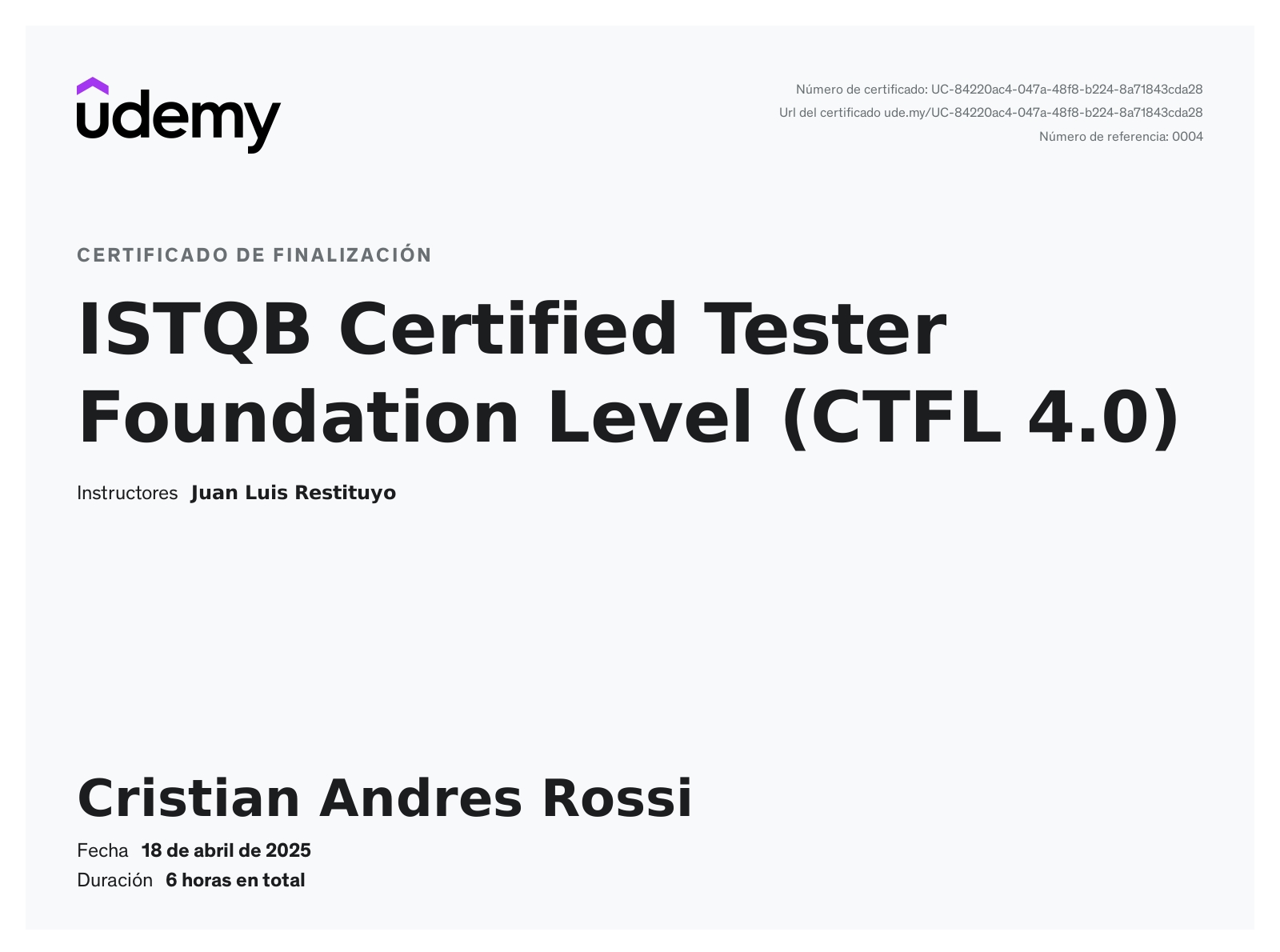 Certificado de ISTQB Certified Tester Foundation Level CTFL v4.0
