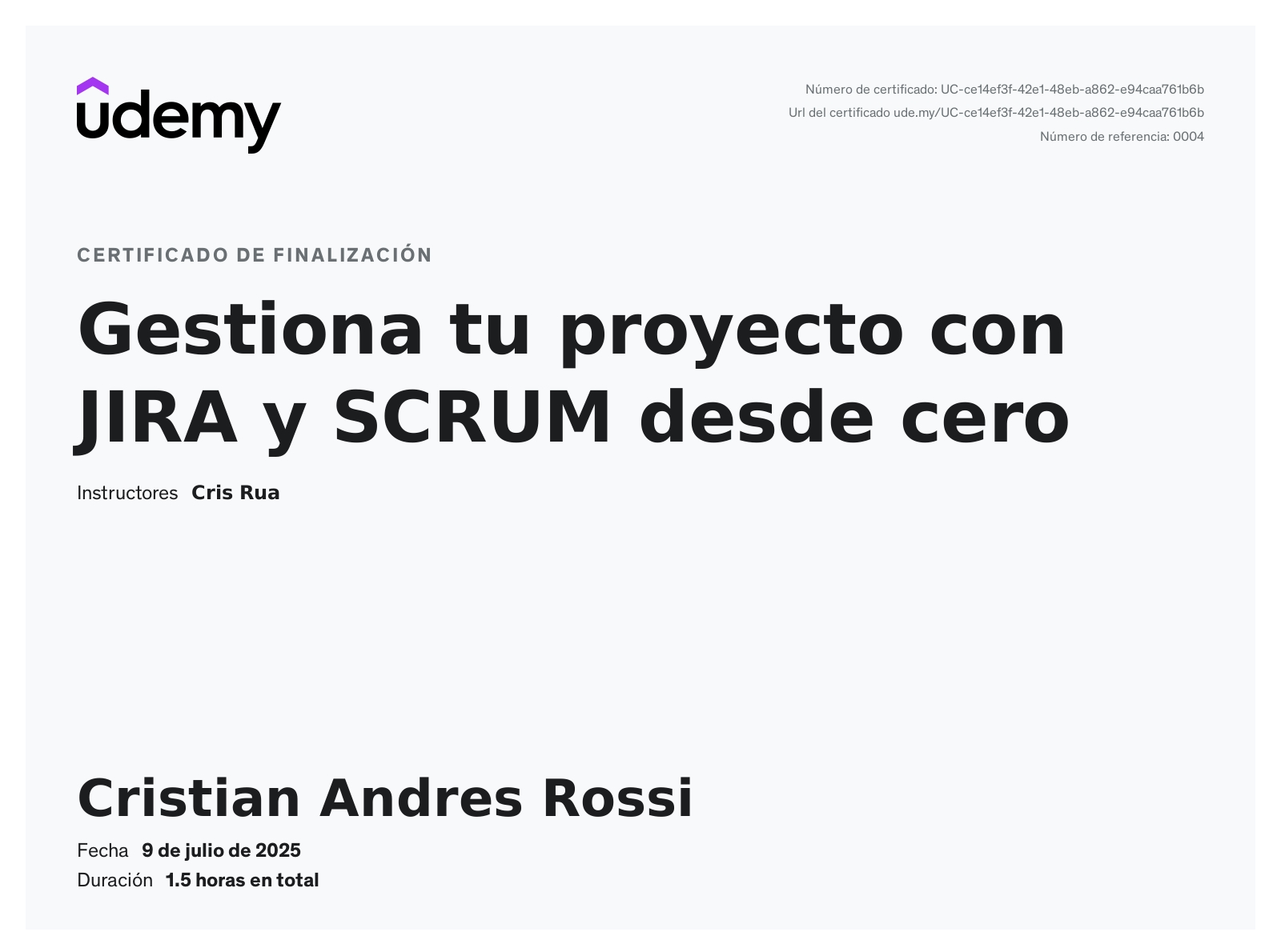 Certificado de Gestiona tu proyecto con JIRA y SCRUM desde cero
