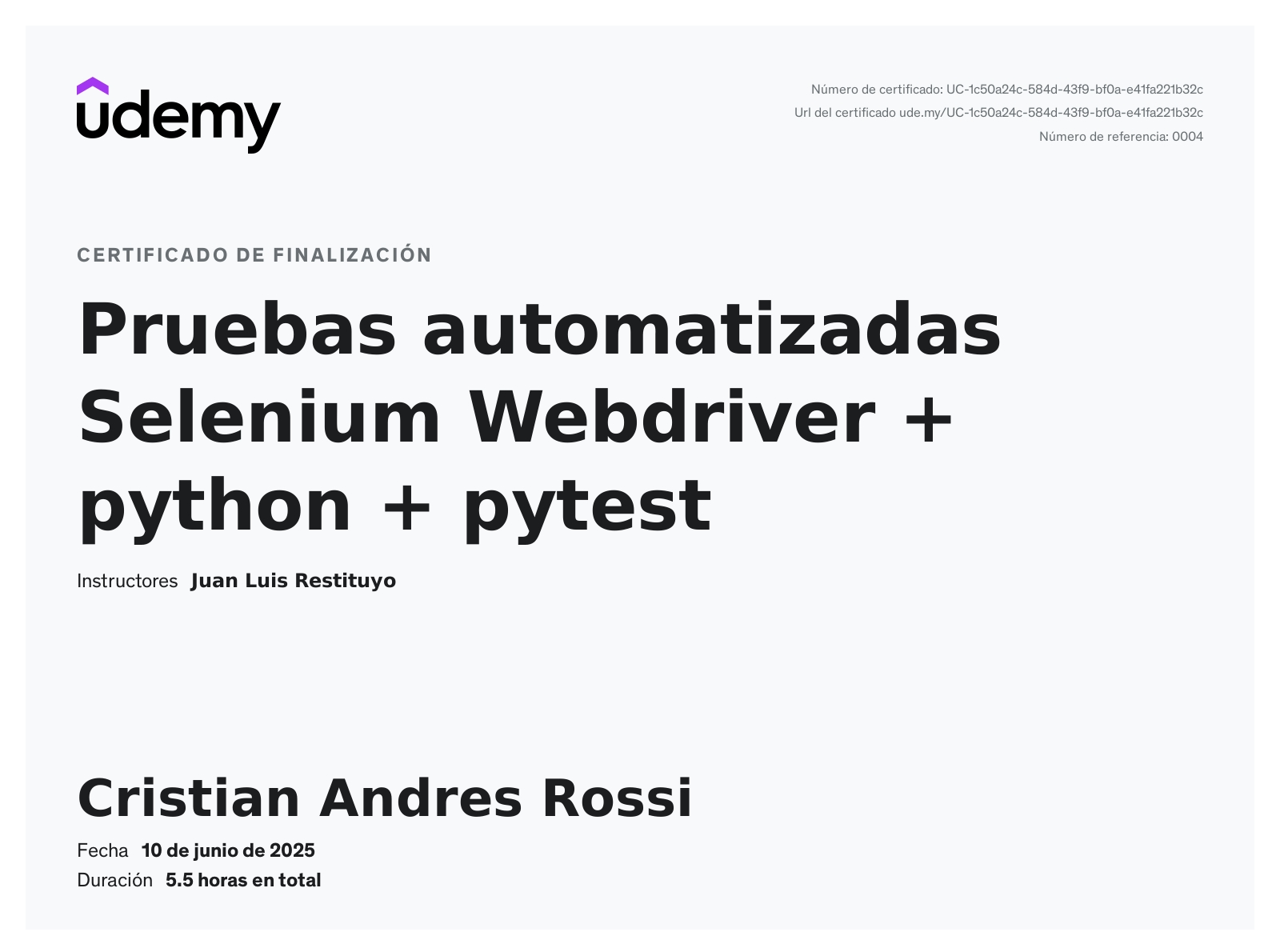 Certificado de Selenium WebDriver con Python y PyTest