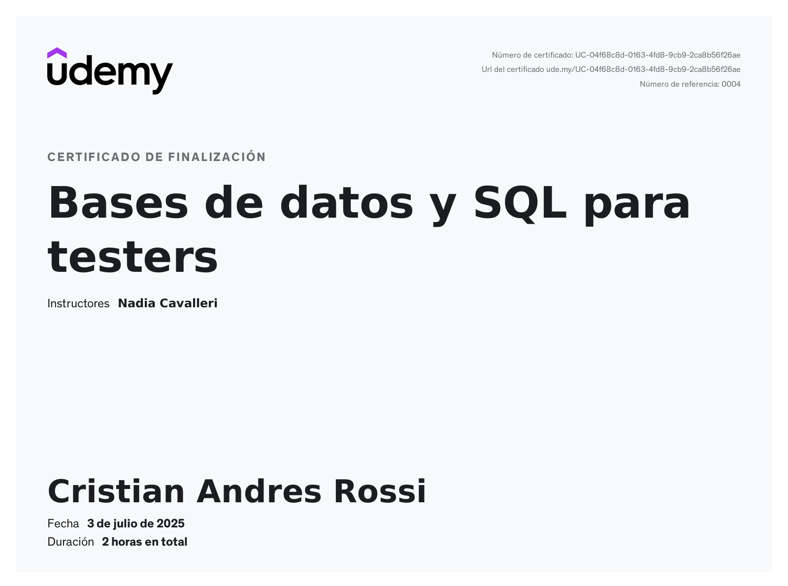 Certificado de Bases de datos y SQL para testers