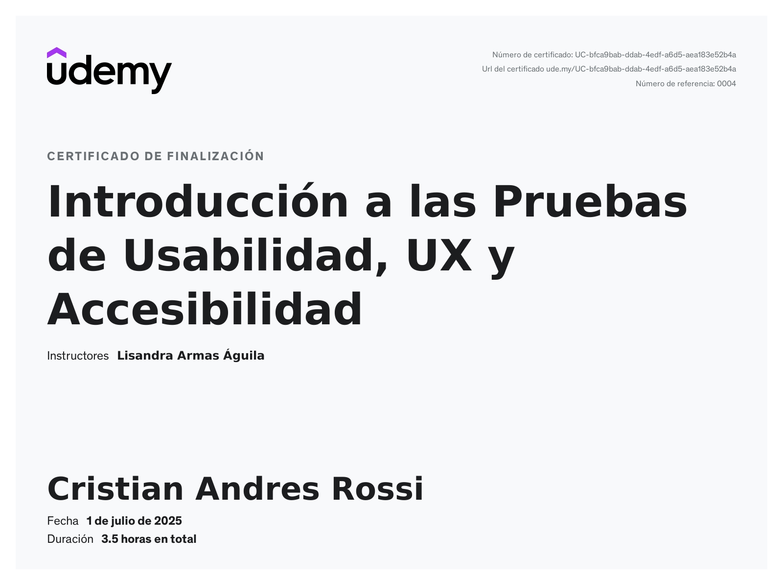 Certificado de Introducción a las Pruebas de Usabilidad, UX y Accesibilidad